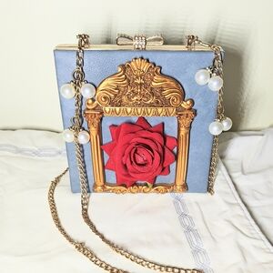 Vintage Blue and Gold Crossbody Clutch Bag with Red Rose Rare Find
